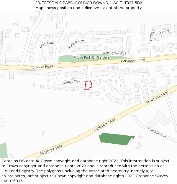 23, TRESDALE PARC, CONNOR DOWNS, HAYLE, TR27 5DX: Location map and indicative extent of plot