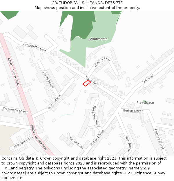 23, TUDOR FALLS, HEANOR, DE75 7TE: Location map and indicative extent of plot