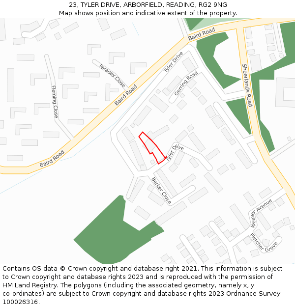 23, TYLER DRIVE, ARBORFIELD, READING, RG2 9NG: Location map and indicative extent of plot