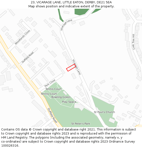 23, VICARAGE LANE, LITTLE EATON, DERBY, DE21 5EA: Location map and indicative extent of plot