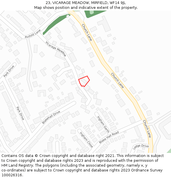 23, VICARAGE MEADOW, MIRFIELD, WF14 9JL: Location map and indicative extent of plot