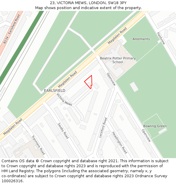 23, VICTORIA MEWS, LONDON, SW18 3PY: Location map and indicative extent of plot