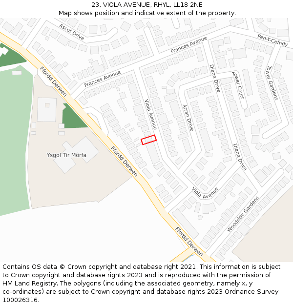 23, VIOLA AVENUE, RHYL, LL18 2NE: Location map and indicative extent of plot
