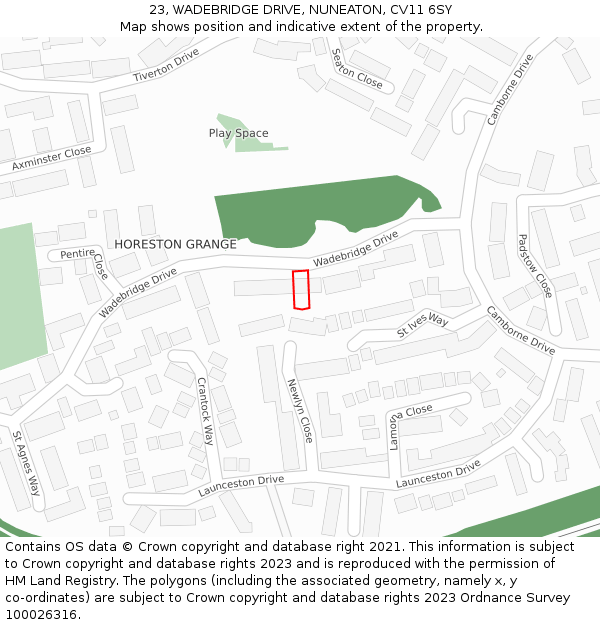 23, WADEBRIDGE DRIVE, NUNEATON, CV11 6SY: Location map and indicative extent of plot