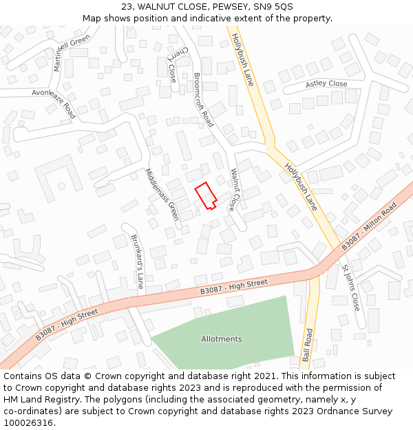 23, WALNUT CLOSE, PEWSEY, SN9 5QS: Location map and indicative extent of plot