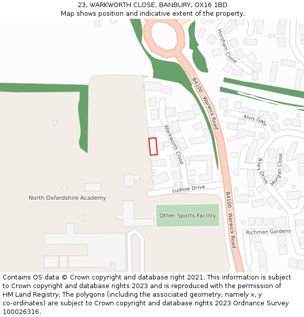 23, WARKWORTH CLOSE, BANBURY, OX16 1BD: Location map and indicative extent of plot