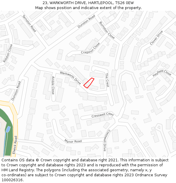 23, WARKWORTH DRIVE, HARTLEPOOL, TS26 0EW: Location map and indicative extent of plot