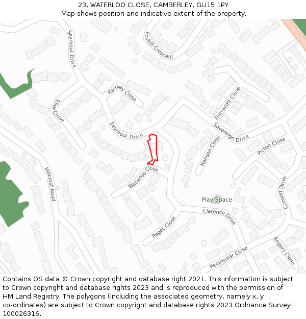 23, WATERLOO CLOSE, CAMBERLEY, GU15 1PY: Location map and indicative extent of plot