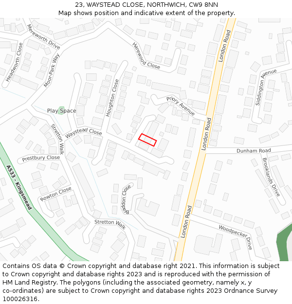 23, WAYSTEAD CLOSE, NORTHWICH, CW9 8NN: Location map and indicative extent of plot