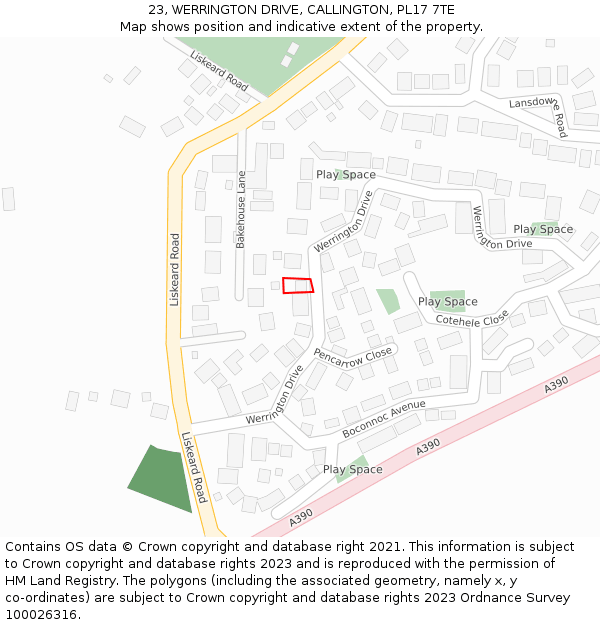 23, WERRINGTON DRIVE, CALLINGTON, PL17 7TE: Location map and indicative extent of plot
