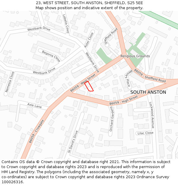 23, WEST STREET, SOUTH ANSTON, SHEFFIELD, S25 5EE: Location map and indicative extent of plot