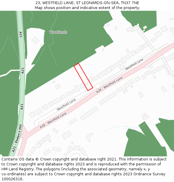 23, WESTFIELD LANE, ST LEONARDS-ON-SEA, TN37 7NE: Location map and indicative extent of plot