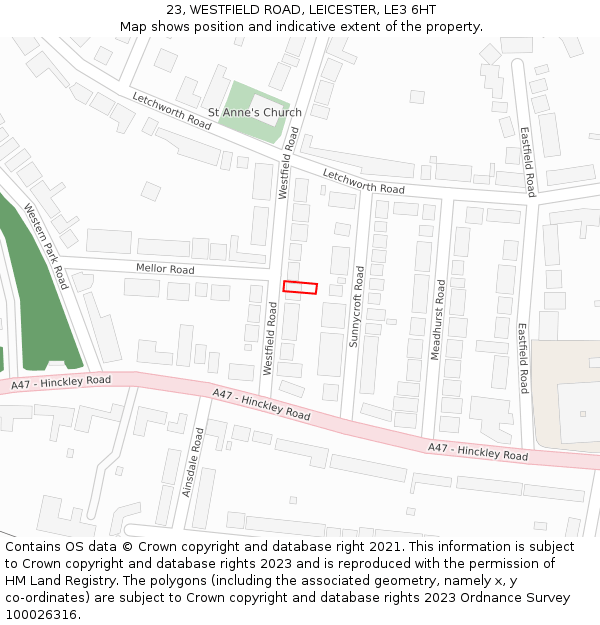 23, WESTFIELD ROAD, LEICESTER, LE3 6HT: Location map and indicative extent of plot