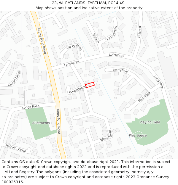 23, WHEATLANDS, FAREHAM, PO14 4SL: Location map and indicative extent of plot