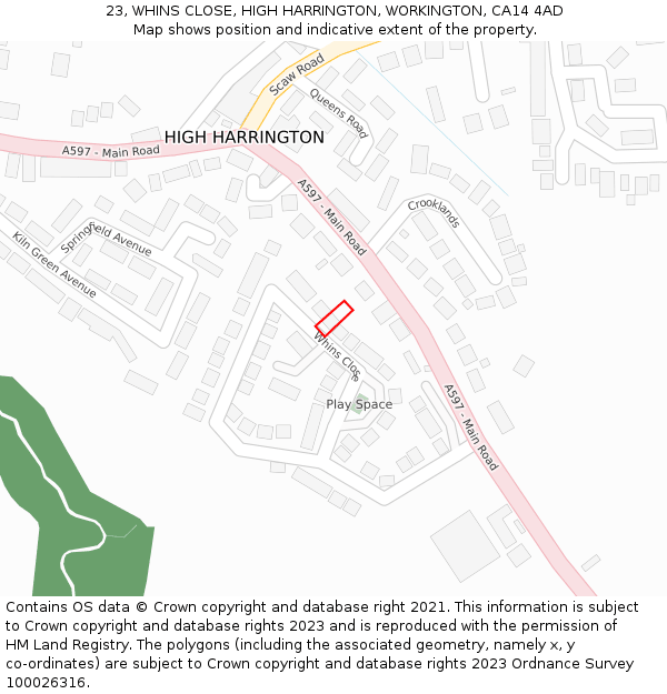 23, WHINS CLOSE, HIGH HARRINGTON, WORKINGTON, CA14 4AD: Location map and indicative extent of plot