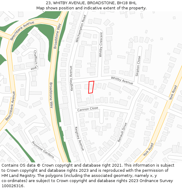 23, WHITBY AVENUE, BROADSTONE, BH18 8HL: Location map and indicative extent of plot