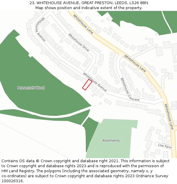 23, WHITEHOUSE AVENUE, GREAT PRESTON, LEEDS, LS26 8BN: Location map and indicative extent of plot