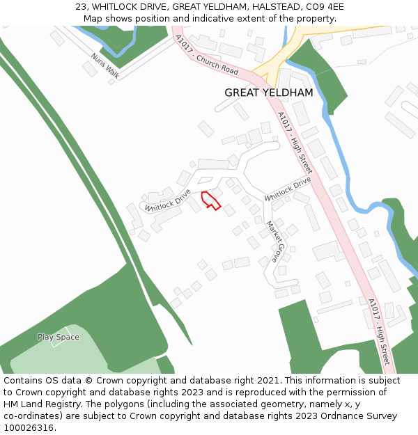 23, WHITLOCK DRIVE, GREAT YELDHAM, HALSTEAD, CO9 4EE: Location map and indicative extent of plot