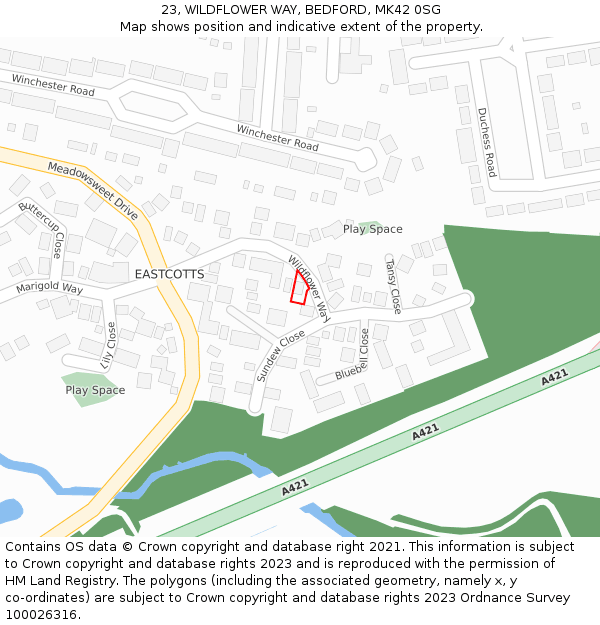 23, WILDFLOWER WAY, BEDFORD, MK42 0SG: Location map and indicative extent of plot