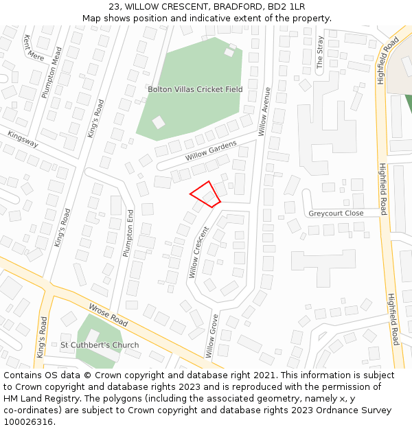 23, WILLOW CRESCENT, BRADFORD, BD2 1LR: Location map and indicative extent of plot