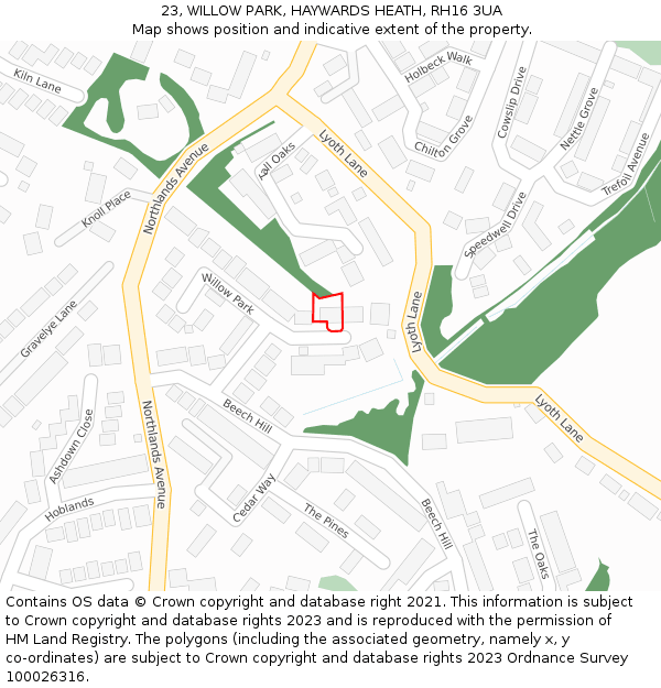 23, WILLOW PARK, HAYWARDS HEATH, RH16 3UA: Location map and indicative extent of plot