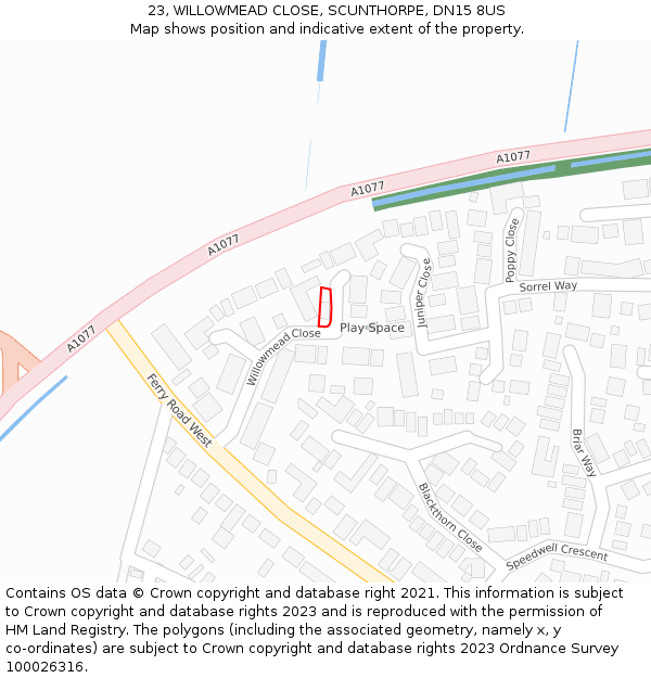 23, WILLOWMEAD CLOSE, SCUNTHORPE, DN15 8US: Location map and indicative extent of plot