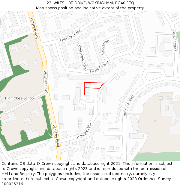 23, WILTSHIRE DRIVE, WOKINGHAM, RG40 1TQ: Location map and indicative extent of plot