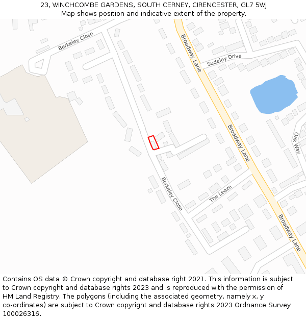 23, WINCHCOMBE GARDENS, SOUTH CERNEY, CIRENCESTER, GL7 5WJ: Location map and indicative extent of plot