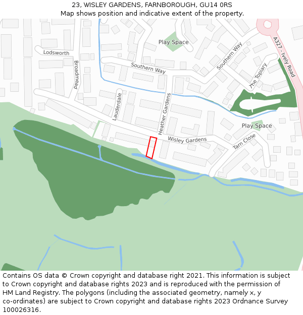 23, WISLEY GARDENS, FARNBOROUGH, GU14 0RS: Location map and indicative extent of plot