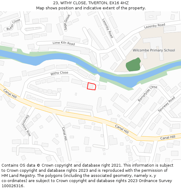 23, WITHY CLOSE, TIVERTON, EX16 4HZ: Location map and indicative extent of plot