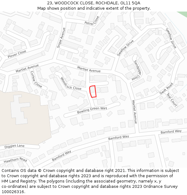 23, WOODCOCK CLOSE, ROCHDALE, OL11 5QA: Location map and indicative extent of plot