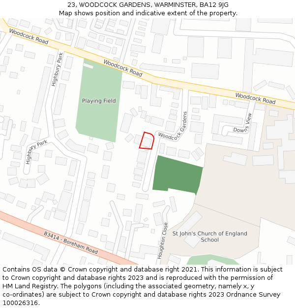 23, WOODCOCK GARDENS, WARMINSTER, BA12 9JG: Location map and indicative extent of plot