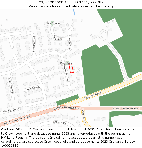 23, WOODCOCK RISE, BRANDON, IP27 0BN: Location map and indicative extent of plot