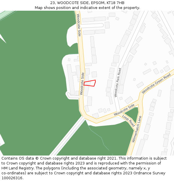 23, WOODCOTE SIDE, EPSOM, KT18 7HB: Location map and indicative extent of plot