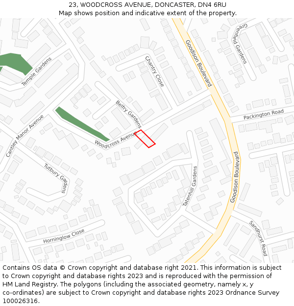 23, WOODCROSS AVENUE, DONCASTER, DN4 6RU: Location map and indicative extent of plot