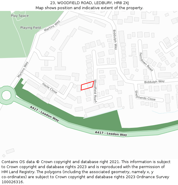 23, WOODFIELD ROAD, LEDBURY, HR8 2XJ: Location map and indicative extent of plot