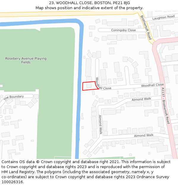 23, WOODHALL CLOSE, BOSTON, PE21 8JG: Location map and indicative extent of plot