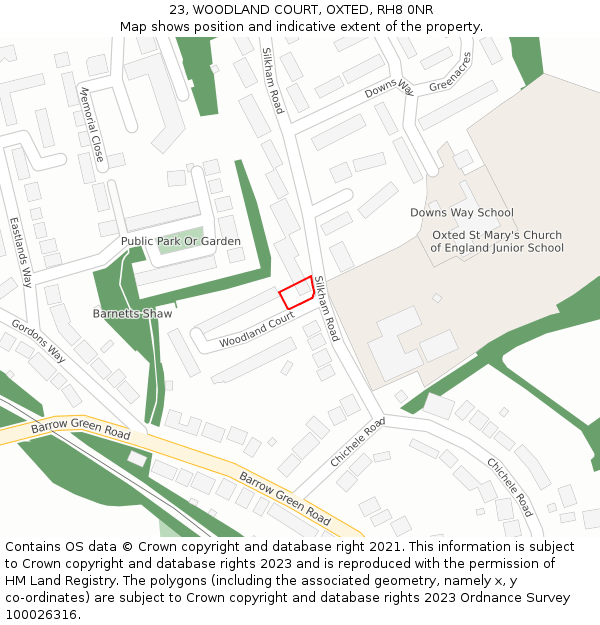 23, WOODLAND COURT, OXTED, RH8 0NR: Location map and indicative extent of plot