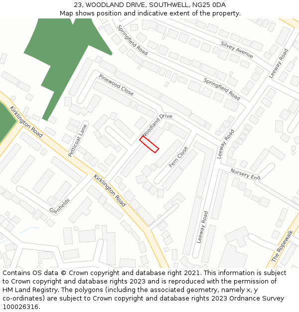 23, WOODLAND DRIVE, SOUTHWELL, NG25 0DA: Location map and indicative extent of plot