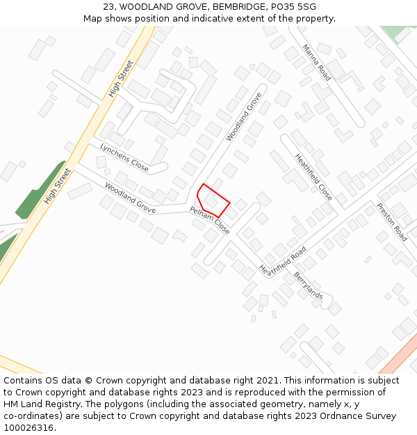 23, WOODLAND GROVE, BEMBRIDGE, PO35 5SG: Location map and indicative extent of plot