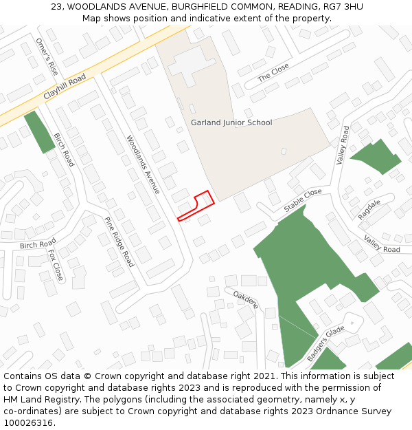 23, WOODLANDS AVENUE, BURGHFIELD COMMON, READING, RG7 3HU: Location map and indicative extent of plot