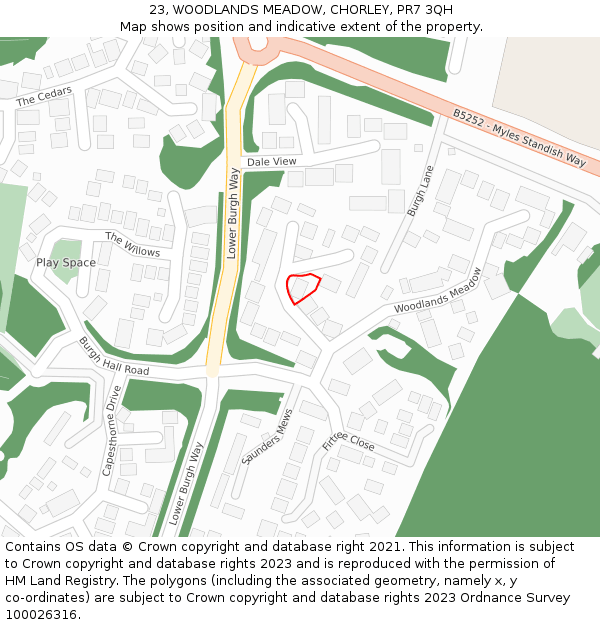 23, WOODLANDS MEADOW, CHORLEY, PR7 3QH: Location map and indicative extent of plot