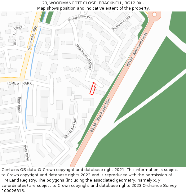 23, WOODMANCOTT CLOSE, BRACKNELL, RG12 0XU: Location map and indicative extent of plot
