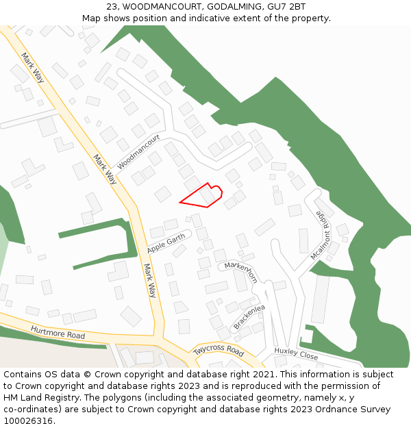 23, WOODMANCOURT, GODALMING, GU7 2BT: Location map and indicative extent of plot
