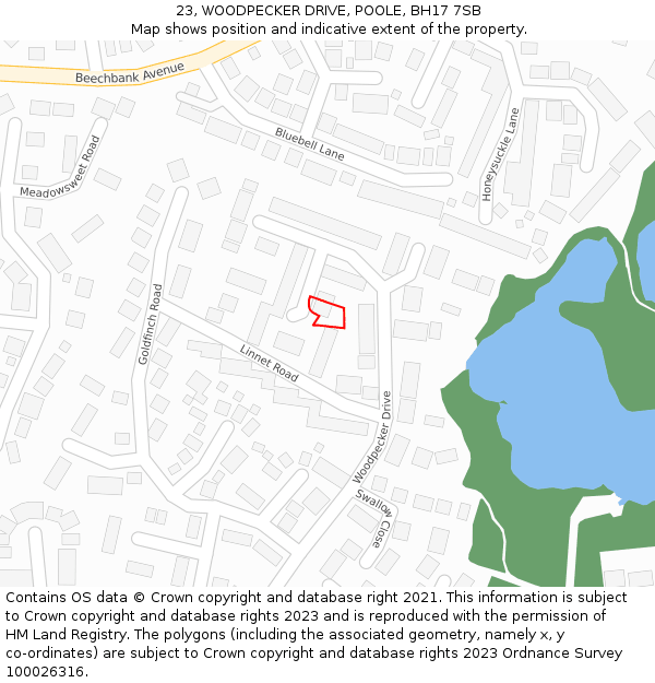23, WOODPECKER DRIVE, POOLE, BH17 7SB: Location map and indicative extent of plot
