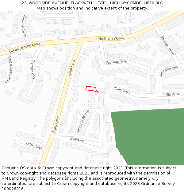 23, WOODSIDE AVENUE, FLACKWELL HEATH, HIGH WYCOMBE, HP10 9LG: Location map and indicative extent of plot