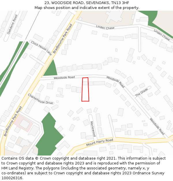 23, WOODSIDE ROAD, SEVENOAKS, TN13 3HF: Location map and indicative extent of plot