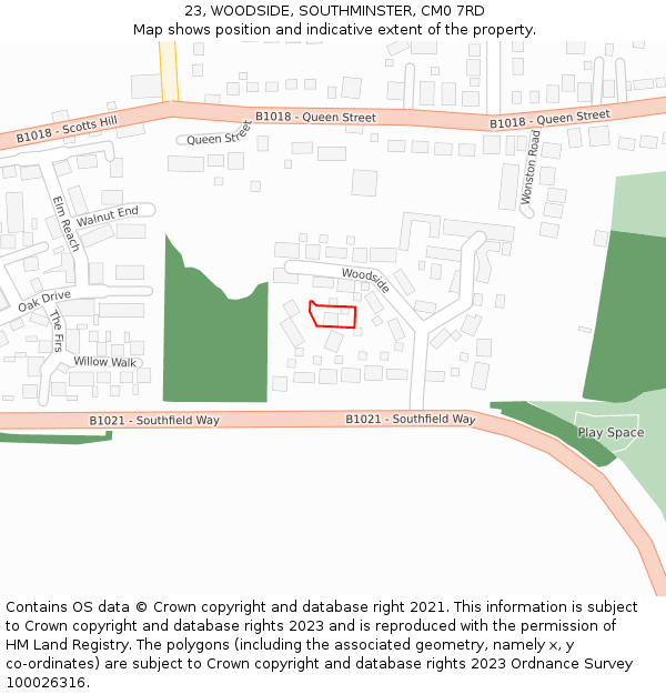 23, WOODSIDE, SOUTHMINSTER, CM0 7RD: Location map and indicative extent of plot