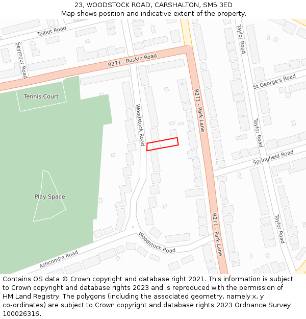 23, WOODSTOCK ROAD, CARSHALTON, SM5 3ED: Location map and indicative extent of plot