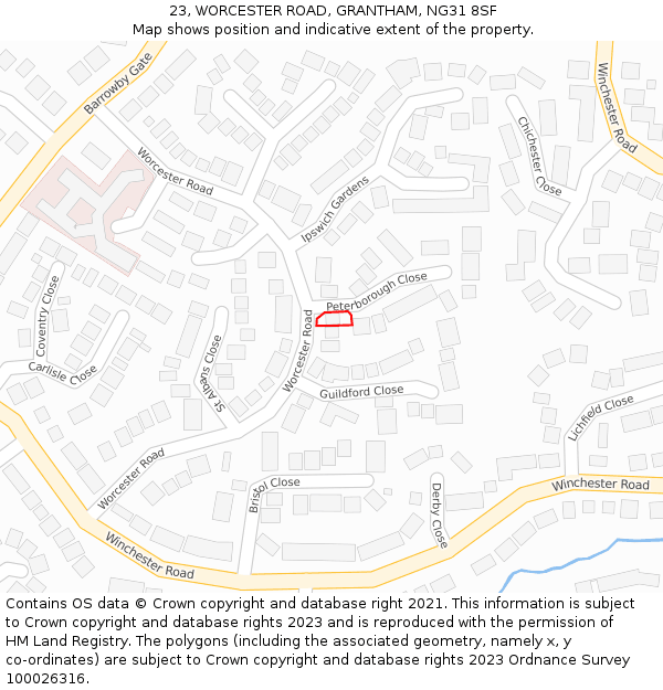 23, WORCESTER ROAD, GRANTHAM, NG31 8SF: Location map and indicative extent of plot